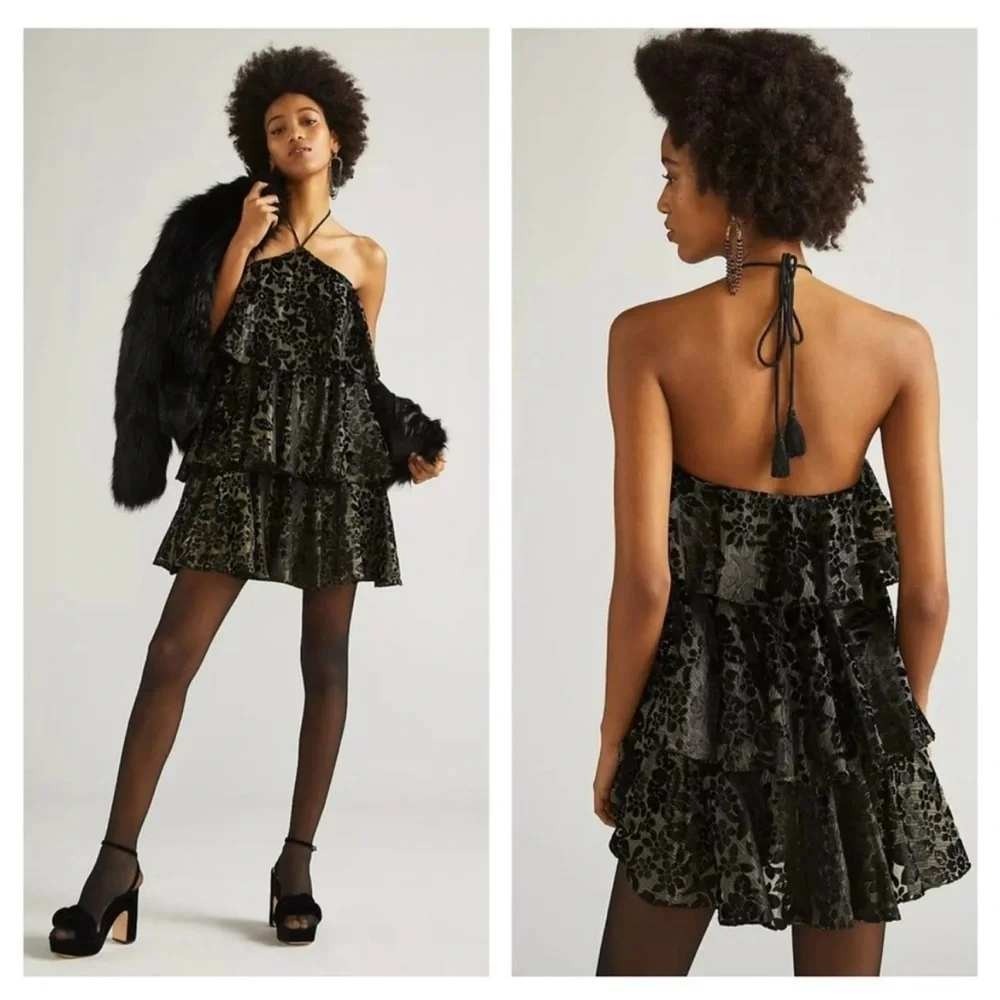 Hemant & Nandita Anthropologie 10 Halter Mini Dress Black Gold Velvet Tiered